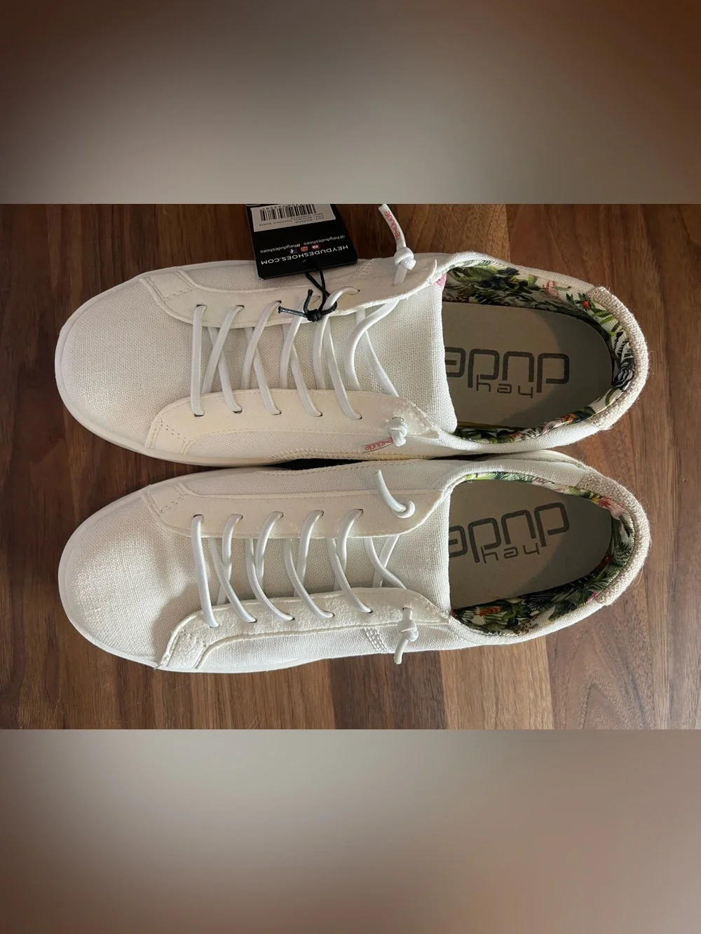 Hey Dude Women’s White Canvas Sneakers with Tropical Lining
